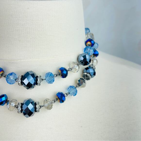 Trifari blue clear beaded 2 strand necklace choker - Picture 2 of 10